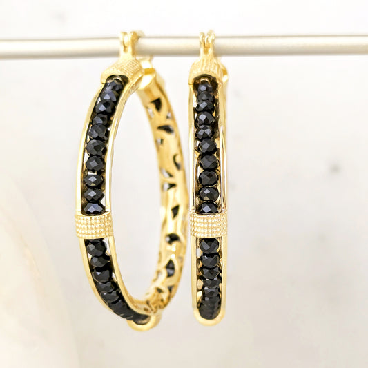 Black Spinel Hoop Earrings Gemstone Beads Embraced in Gold Scrollwork