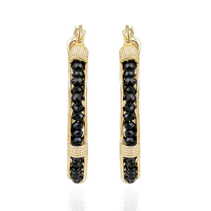 Black Spinel Hoop Earrings Gemstone Beads Embraced in Gold Scrollwork