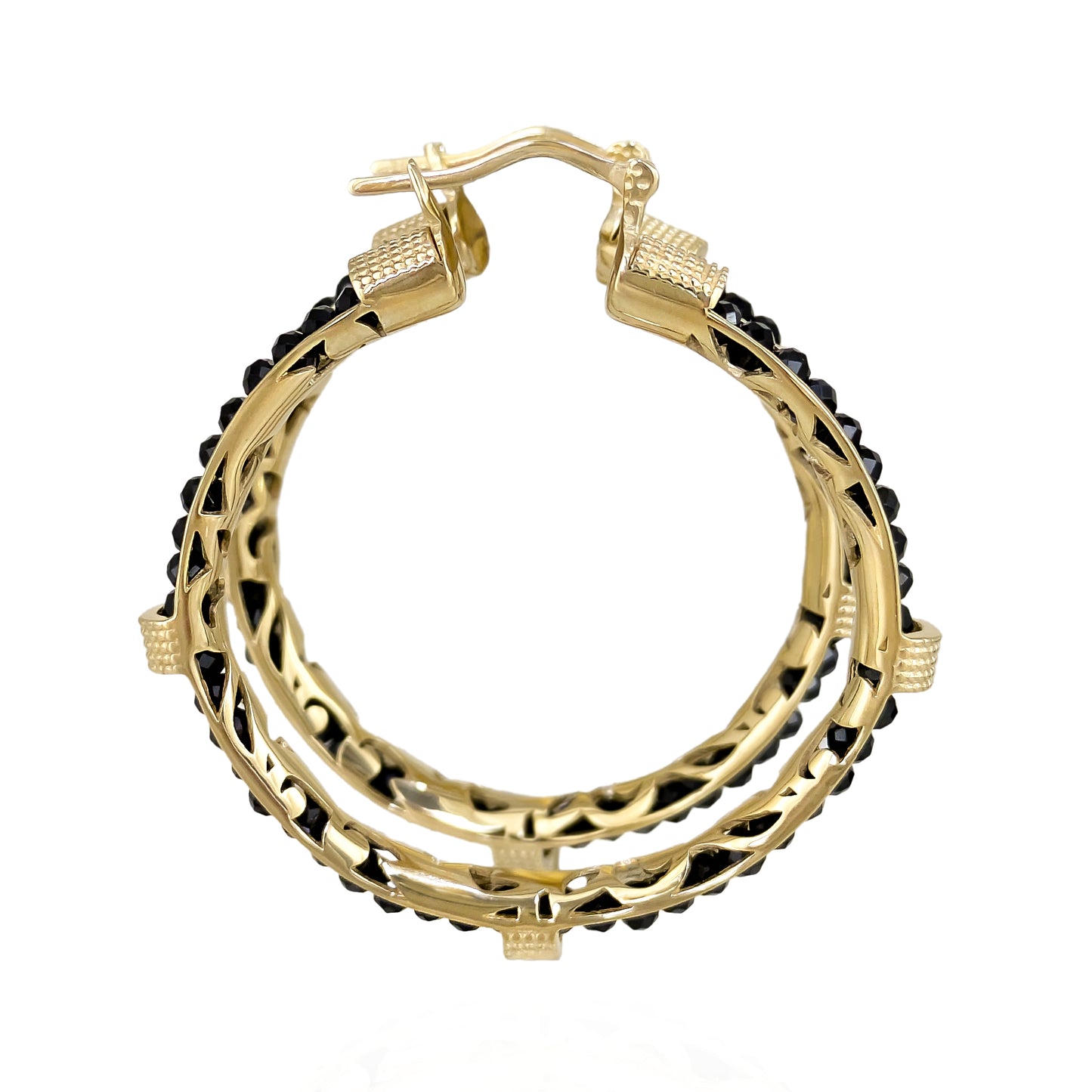 Black Spinel Hoop Earrings Gemstone Beads Embraced in Gold Scrollwork