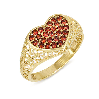 Heart Filigree Ring with Red Cubic Zirconia – Romantic Gold Statement Ring