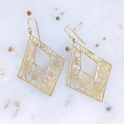 Diamond-Shape Dangle Earrings with Floral Cutout Motif - TurkishBling