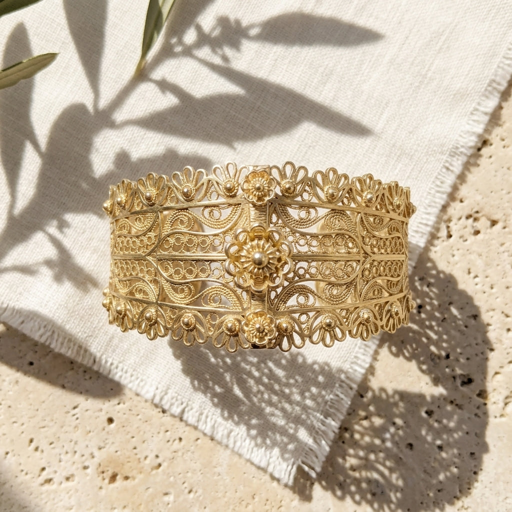 Wide Filigree Cuff Bracelet with Floral Openwork