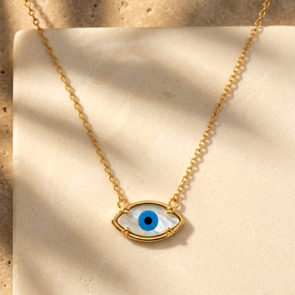 Mother of Pearl Evil Eye Necklace Marquise Nazar Necklace