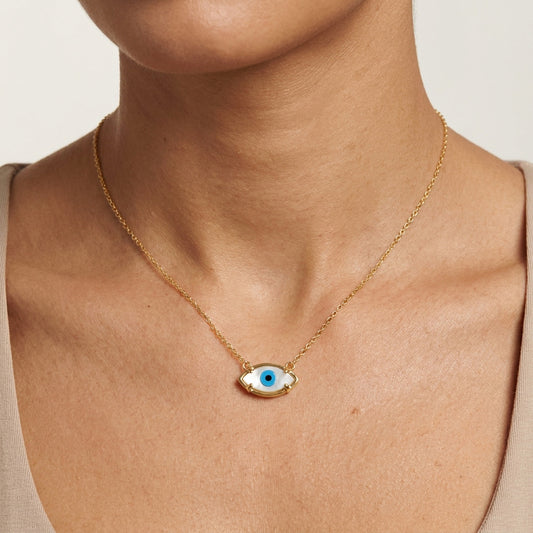 Mother of Pearl Evil Eye Necklace Marquise Nazar Necklace