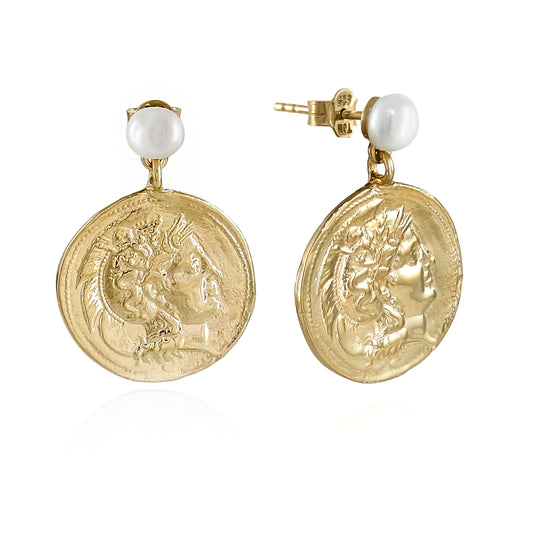 Pearl Roman Great Alexander Coin Earrings