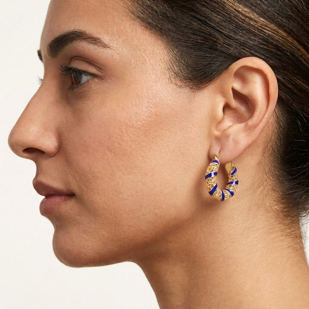 Blue Enamel Scrollwork Hoop Earrings – Twisted Openwork Design