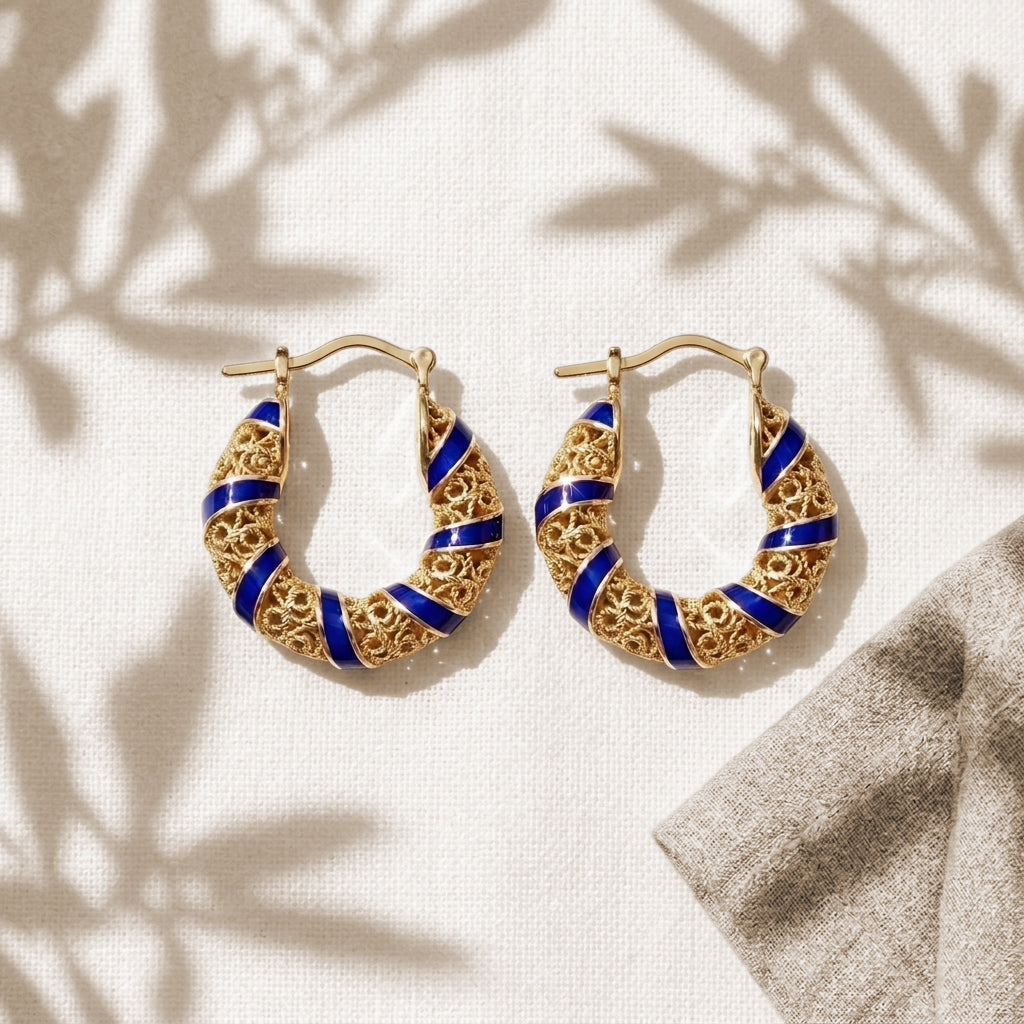 Blue Enamel Scrollwork Hoop Earrings – Twisted Openwork Design
