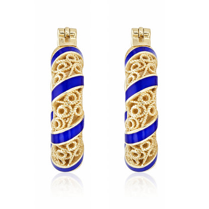 Blue Enamel Scrollwork Hoop Earrings – Twisted Openwork Design