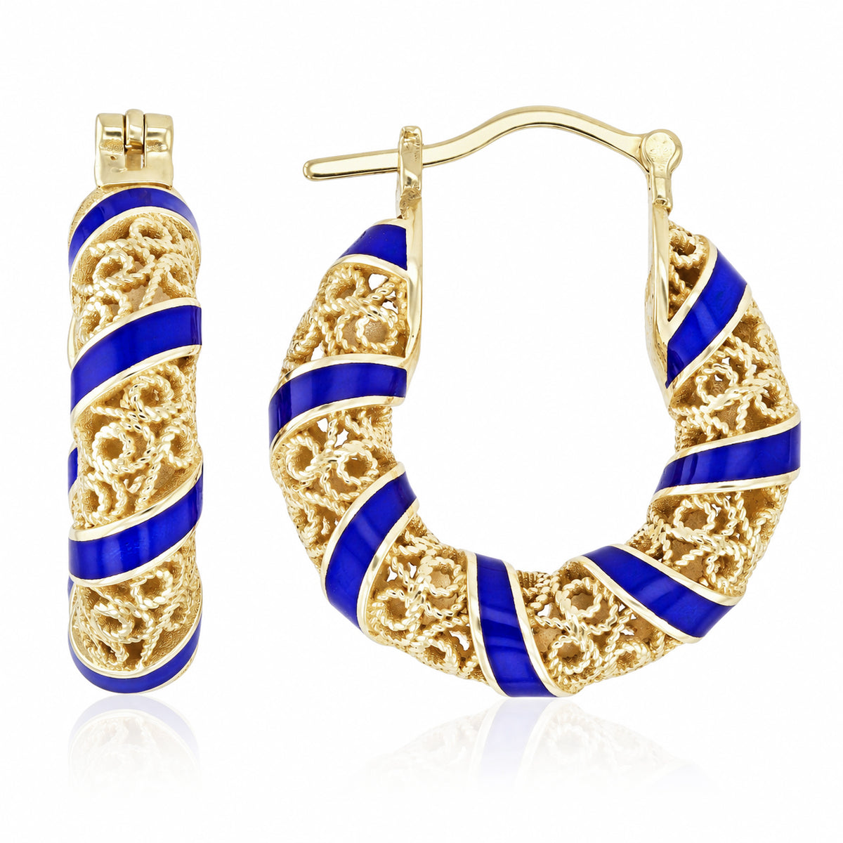 Blue Enamel Scrollwork Hoop Earrings – Twisted Openwork Design