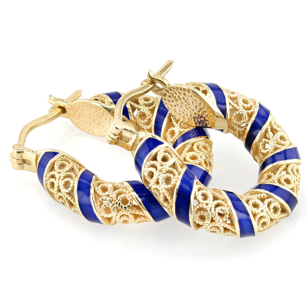 Blue Enamel Scrollwork Hoop Earrings – Twisted Openwork Design