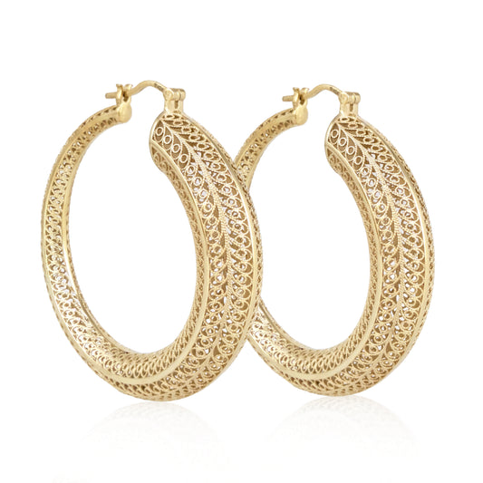 39.5mm Diameter Graduated Form Filigree Hoop Earring - Gold over sterling silver