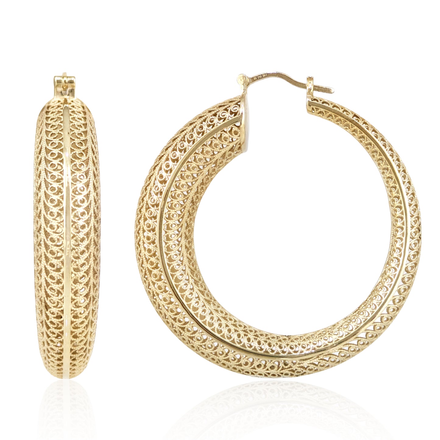 39.5mm Diameter Graduated Form Filigree Hoop Earring - Gold over sterling silver