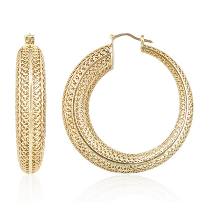 39.5mm Diameter Graduated Form Filigree Hoop Earring - Gold over sterling silver