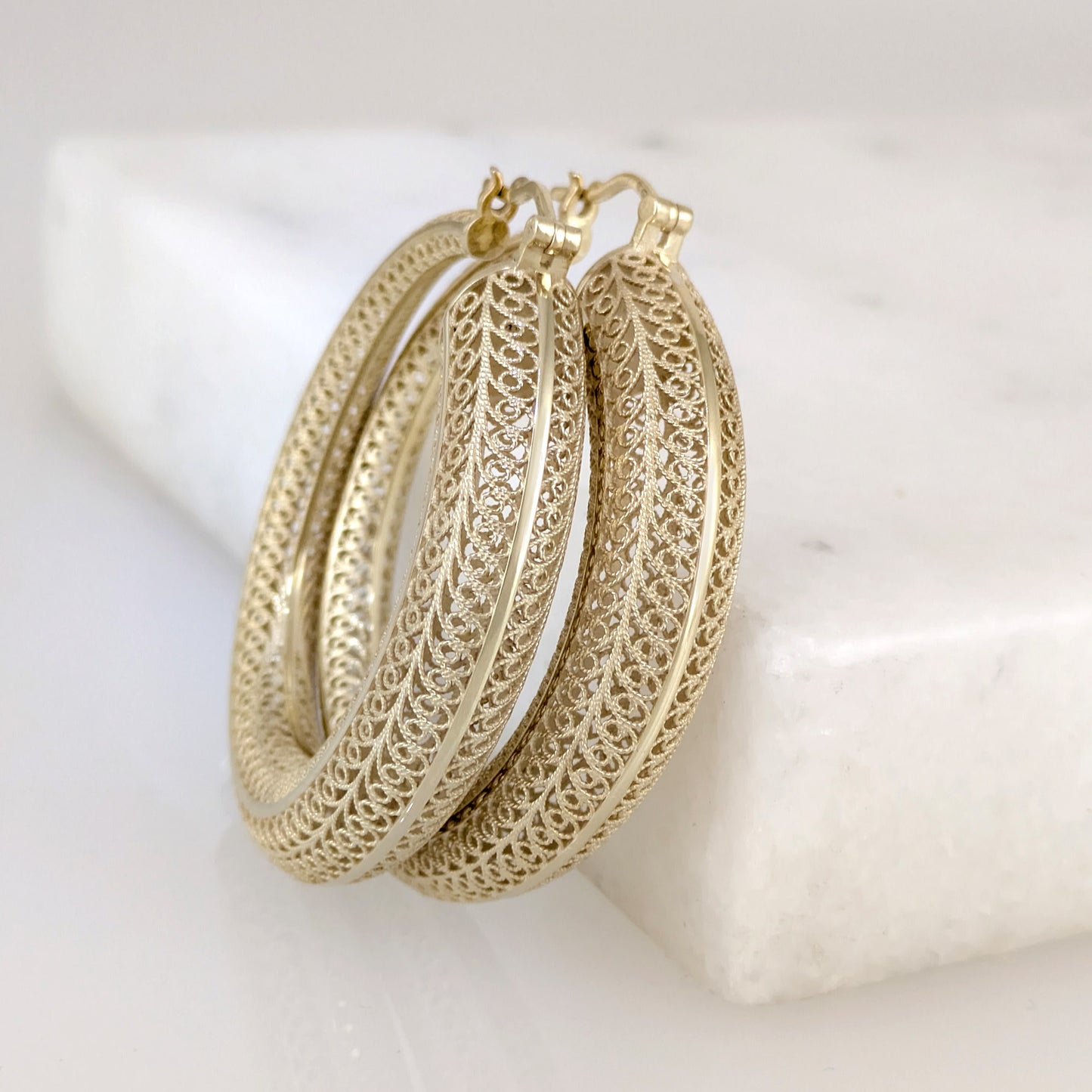 39.5mm Diameter Graduated Form Filigree Hoop Earring - Gold over sterling silver