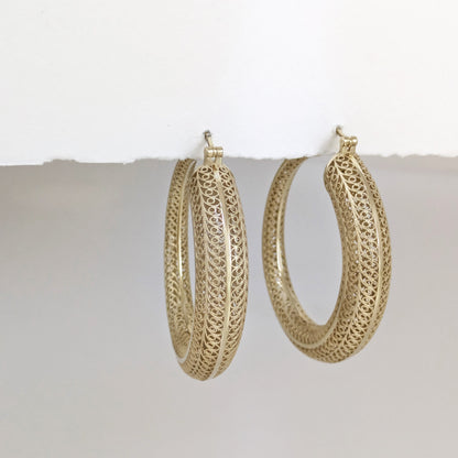 39.5mm Diameter Graduated Form Filigree Hoop Earring - Gold over sterling silver