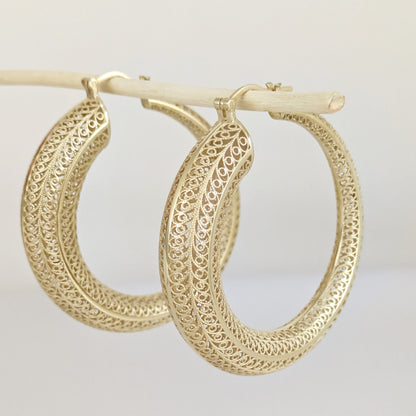 39.5mm Diameter Graduated Form Filigree Hoop Earring - Gold over sterling silver