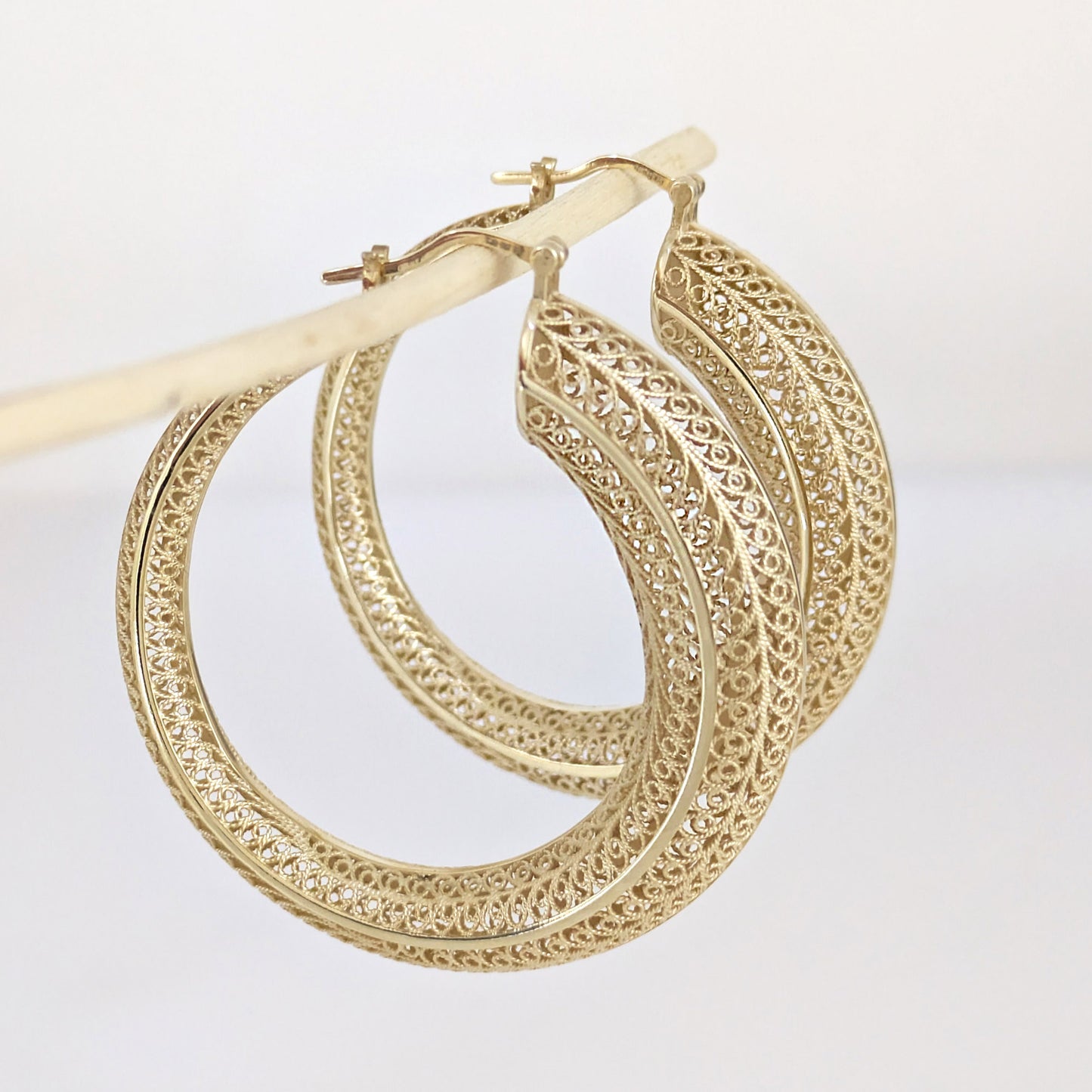 39.5mm Diameter Graduated Form Filigree Hoop Earring - Gold over sterling silver