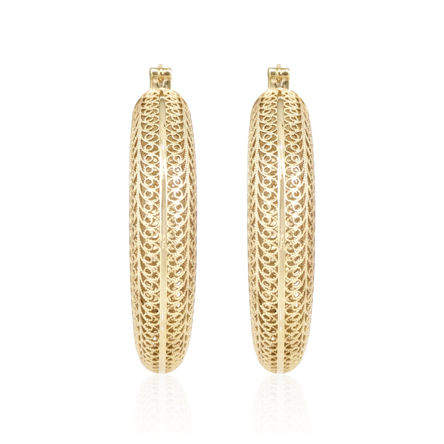 39.5mm Diameter Graduated Form Filigree Hoop Earring - Gold over sterling silver