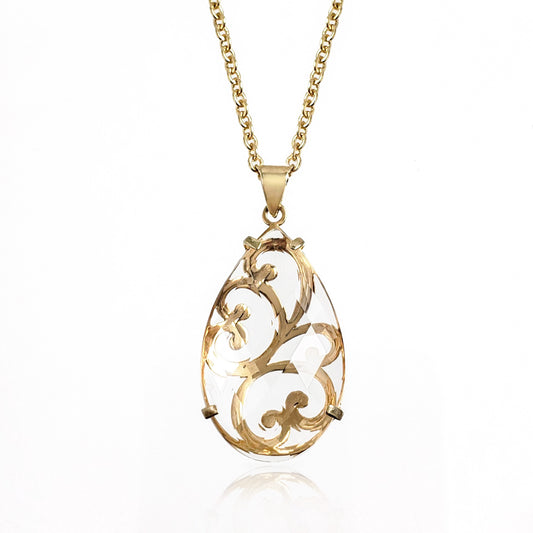 Crystal Quartz Teardrop Filigree Pendant & Chain