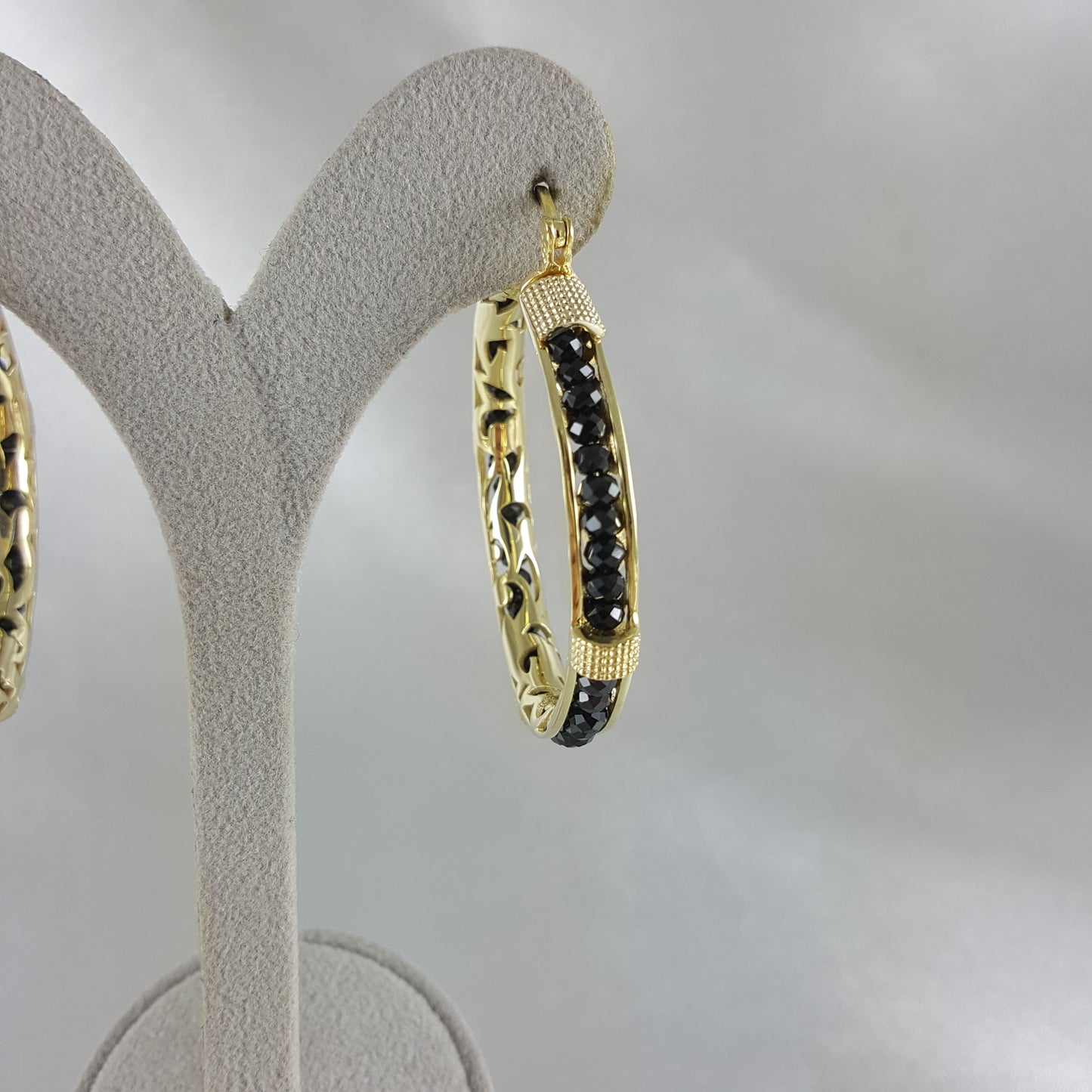 Black Spinel Hoop Earrings Gemstone Beads Embraced in Gold Scrollwork