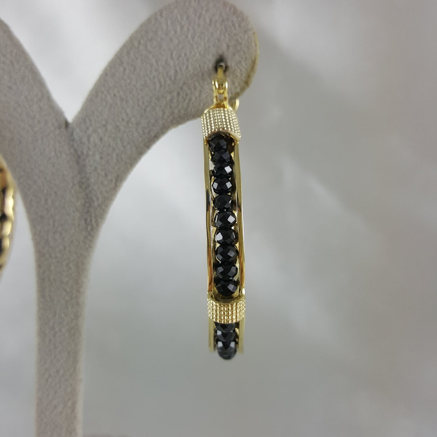 Black Spinel Hoop Earrings Gemstone Beads Embraced in Gold Scrollwork