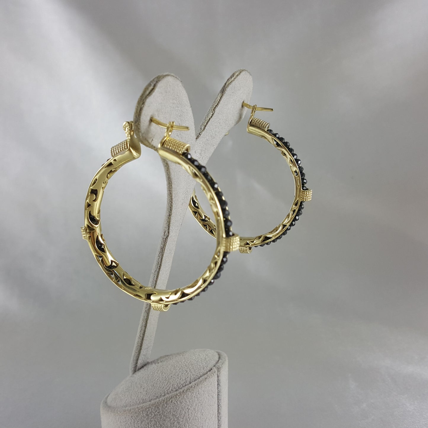 Black Spinel Hoop Earrings Gemstone Beads Embraced in Gold Scrollwork