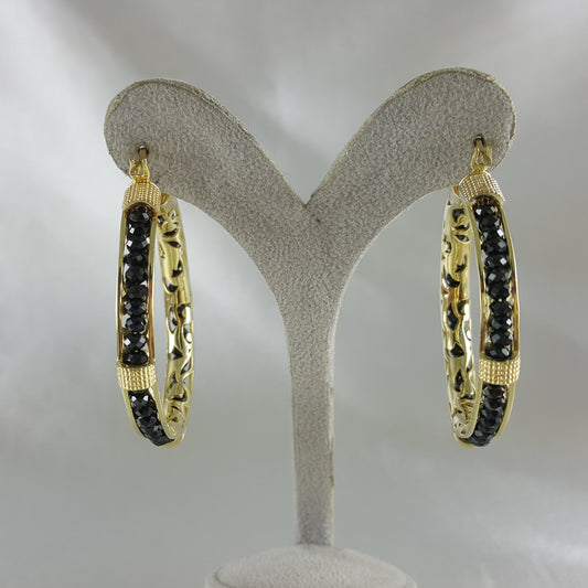 Black Spinel Hoop Earrings Gemstone Beads Embraced in Gold Scrollwork