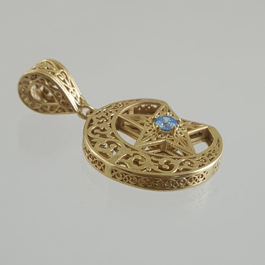 Gold Crescent Moon and Star Pendant with Sky Blue Topaz Colored Crystal – Handcrafted Celestial Necklace