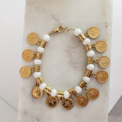 Ottoman Coin and Genuine Gemstone Turquoise Lapis Amethyst Malachite Carnelian White Agate Charm Bracelet - TurkishBling
