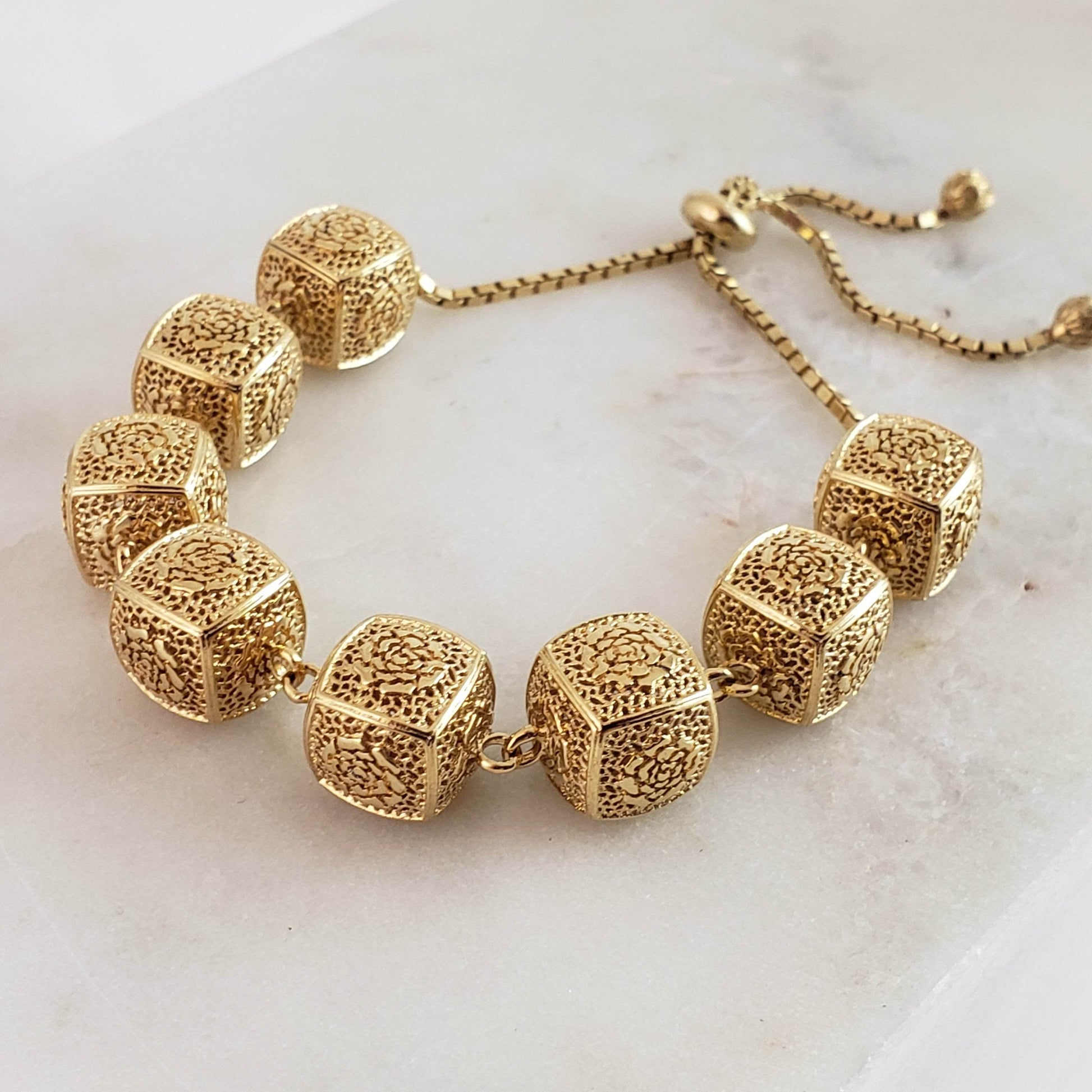 Stylish Rose Engraved Filigree Dice Slide Adjustable BOLO bracelet - TurkishBling