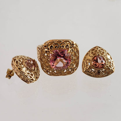 Trillion Morganite Stud Earrings with Scrollwork Filigree - TurkishBling