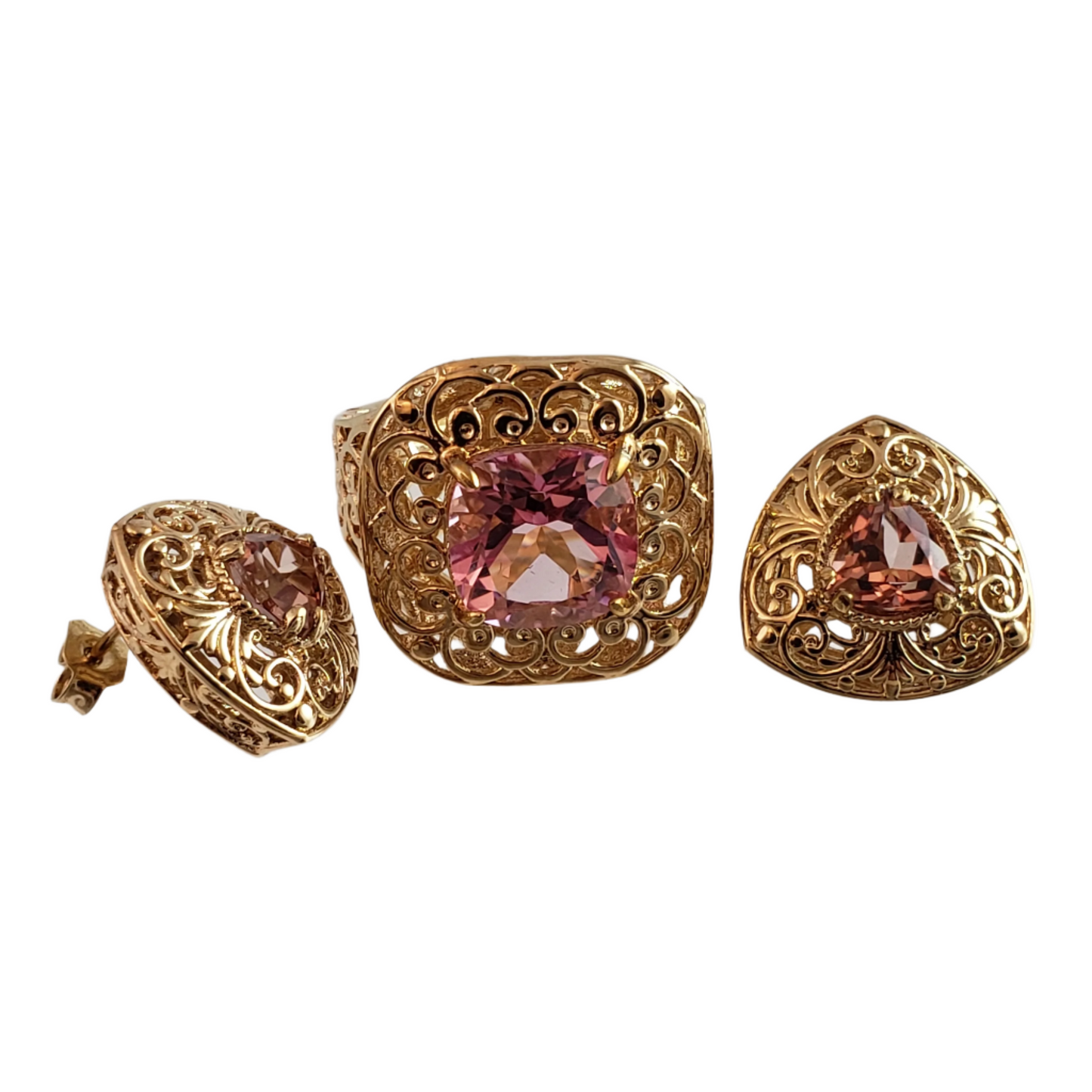 Trillion Morganite Stud Earrings with Scrollwork Filigree