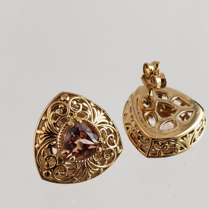 Trillion Morganite Stud Earrings with Scrollwork Filigree - TurkishBling