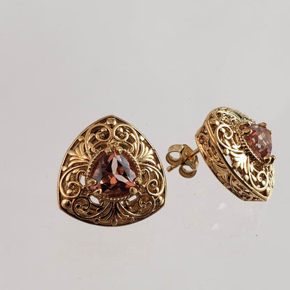 Trillion Morganite Stud Earrings with Scrollwork Filigree - TurkishBling