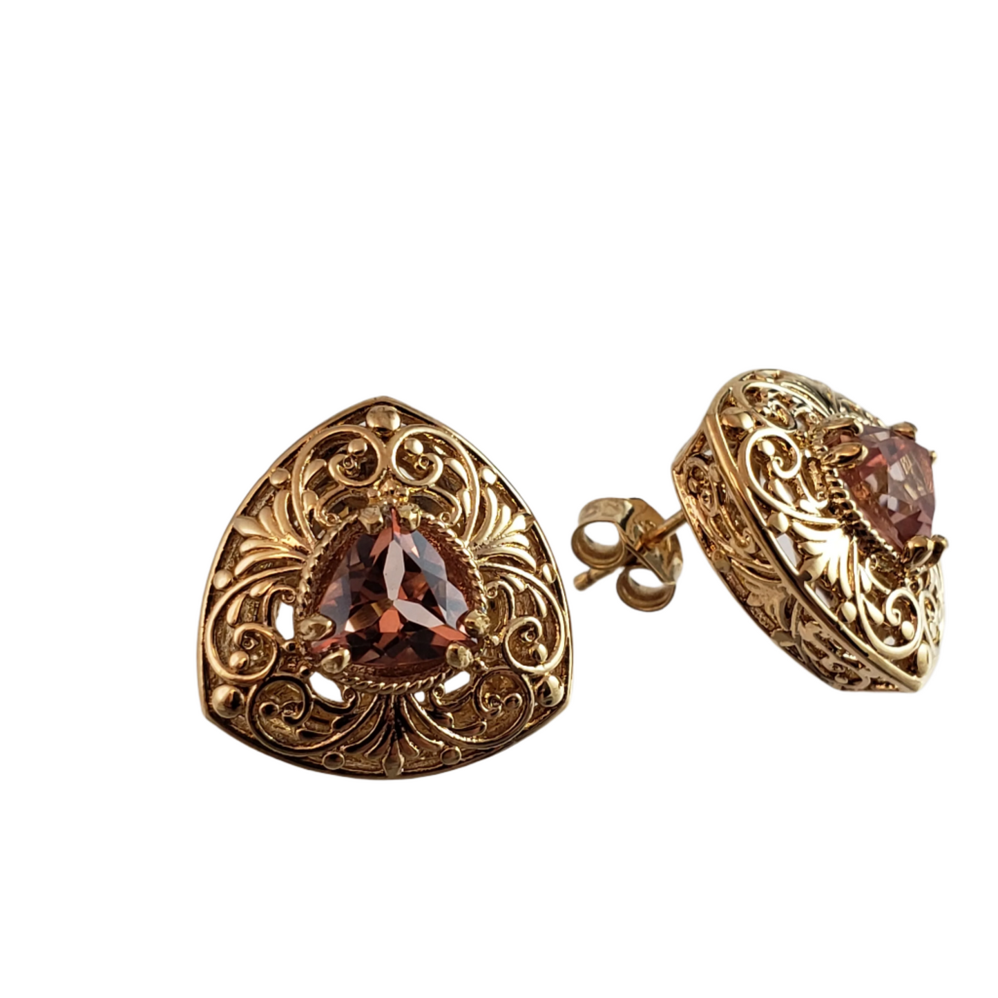 Trillion Morganite Stud Earrings with Scrollwork Filigree