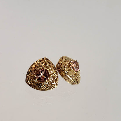 Trillion Morganite Stud Earrings with Scrollwork Filigree - TurkishBling