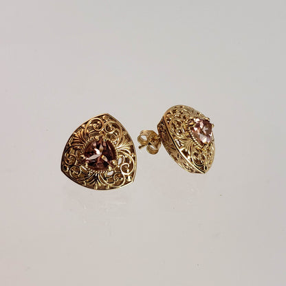 Trillion Morganite Stud Earrings with Scrollwork Filigree - TurkishBling