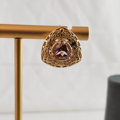 Trillion Morganite Stud Earrings with Scrollwork Filigree - TurkishBling