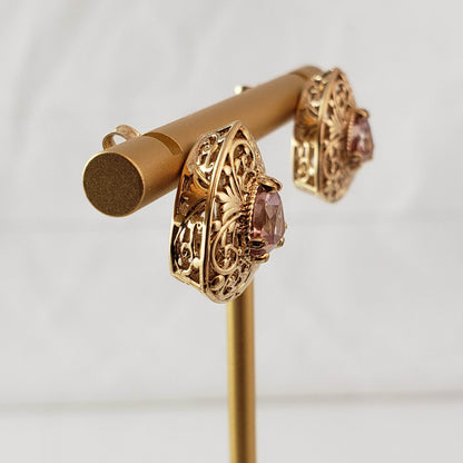 Trillion Morganite Stud Earrings with Scrollwork Filigree - TurkishBling