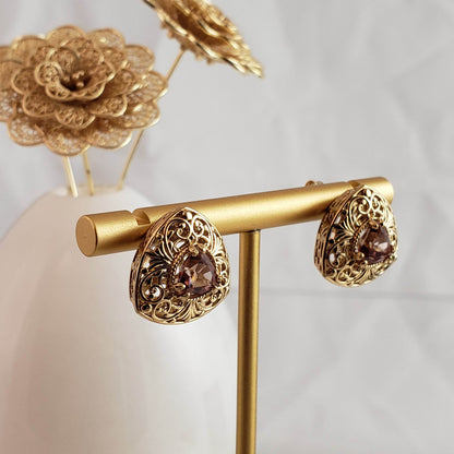 Trillion Morganite Stud Earrings with Scrollwork Filigree - TurkishBling
