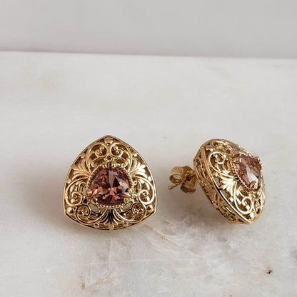 Trillion Morganite Stud Earrings with Scrollwork Filigree - TurkishBling