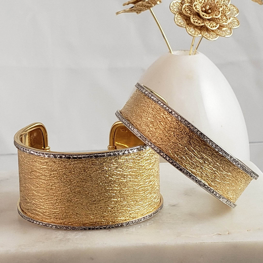 Textured Cuff Bracelet with Diamond-Cut Sparkle - Wide Cuff Bangle
