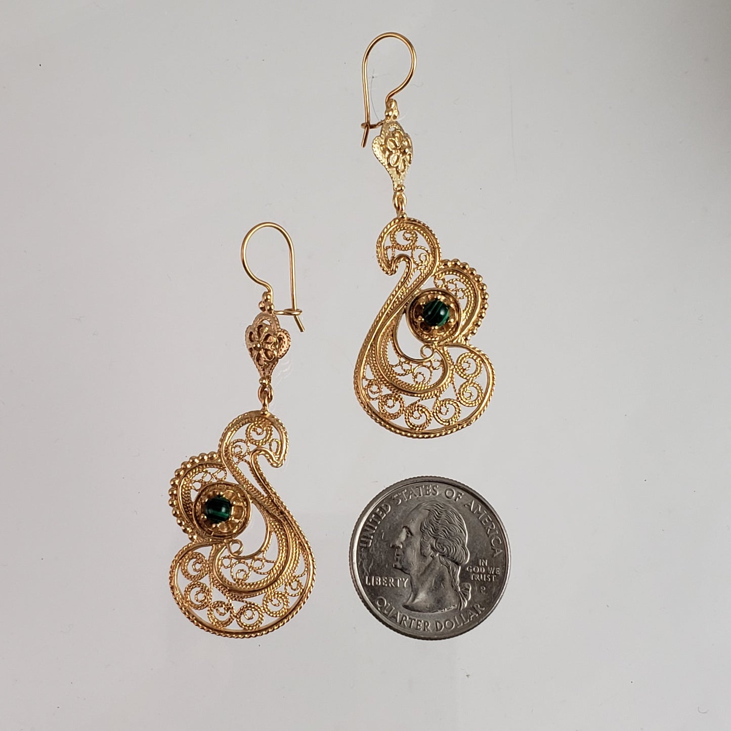 Genuine Malachite Filigree Swan Earrings