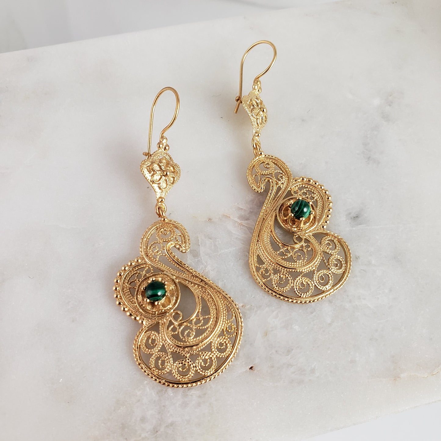 Genuine Malachite Filigree Swan Earrings