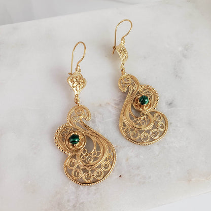 Genuine Malachite Filigree Swan Earrings - TurkishBling