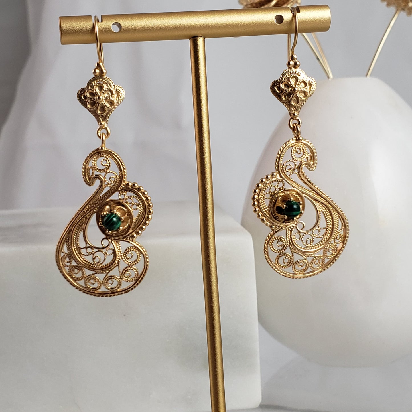 Genuine Malachite Filigree Swan Earrings