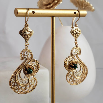 Genuine Malachite Filigree Swan Earrings - TurkishBling