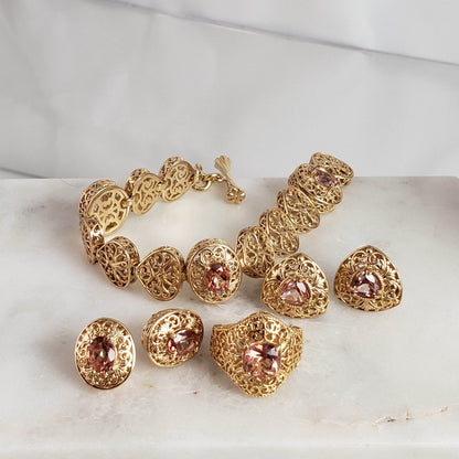Trillion Morganite Stud Earrings with Scrollwork Filigree - TurkishBling