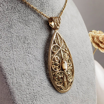 18K Gold Plated 10 x 5mm Gemstone Filigree Pendant - TurkishBling