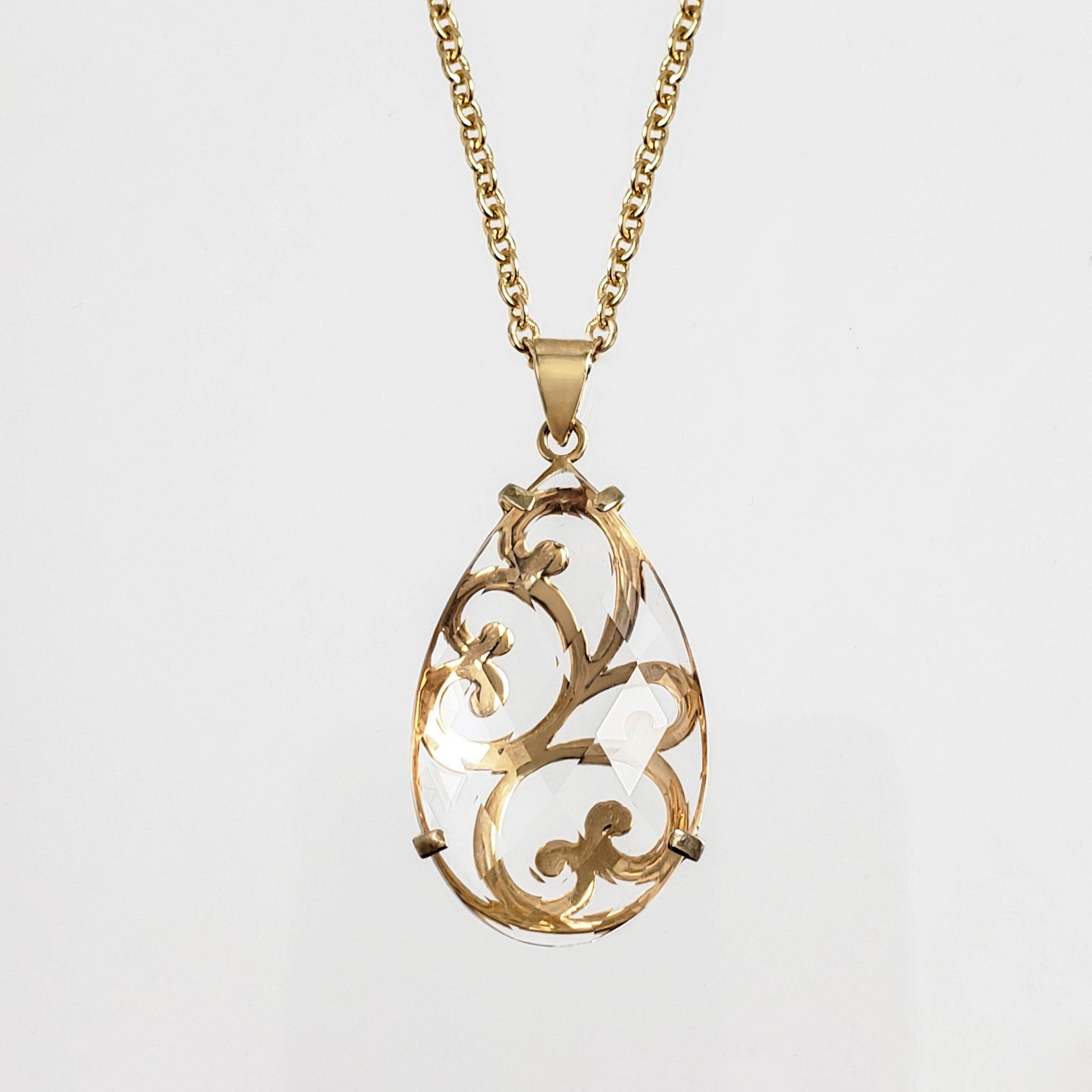 Crystal Quartz Teardrop Filigree Pendant & Chain - TurkishBling